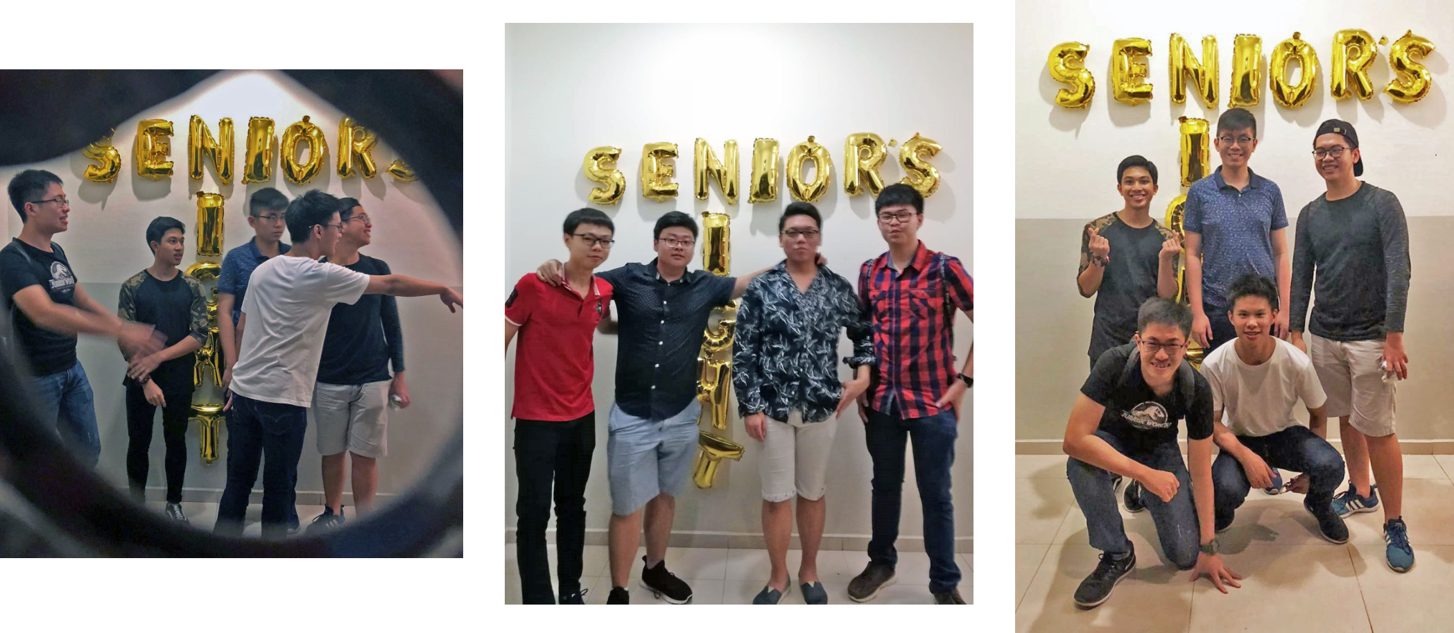 Three photos of young men posing in front of gold foil balloon letters spelling SENIORS on a white wall.